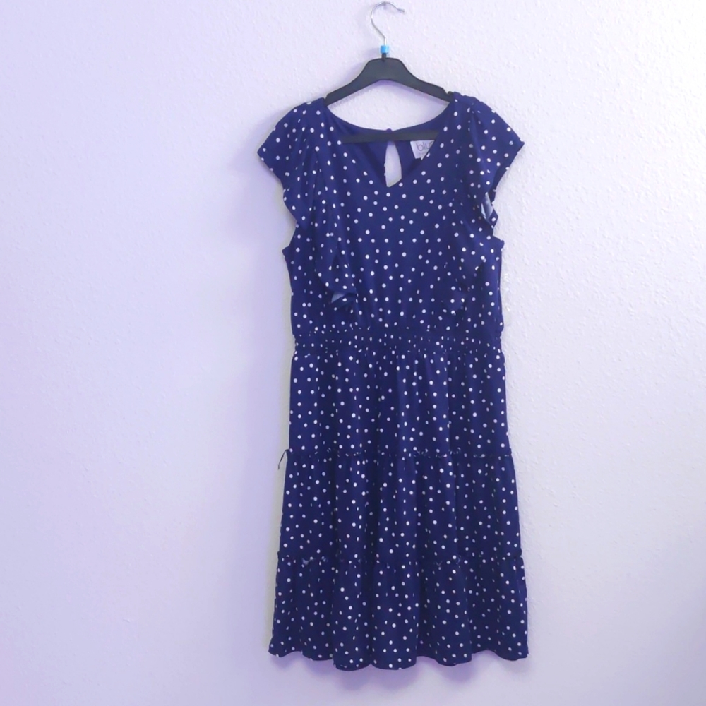 NWT Navy blue polka dot dress by Blush Nordstrom super soft cotton Ruffle sleeve